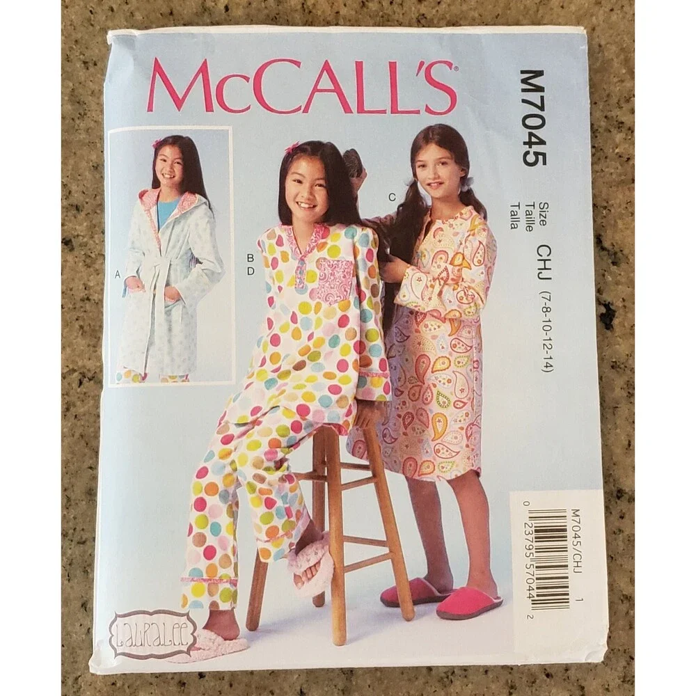 Girls Robe, Top, Dress, Pants Sewing Pattern McCall's M7045, Pajamas, Sleepwear